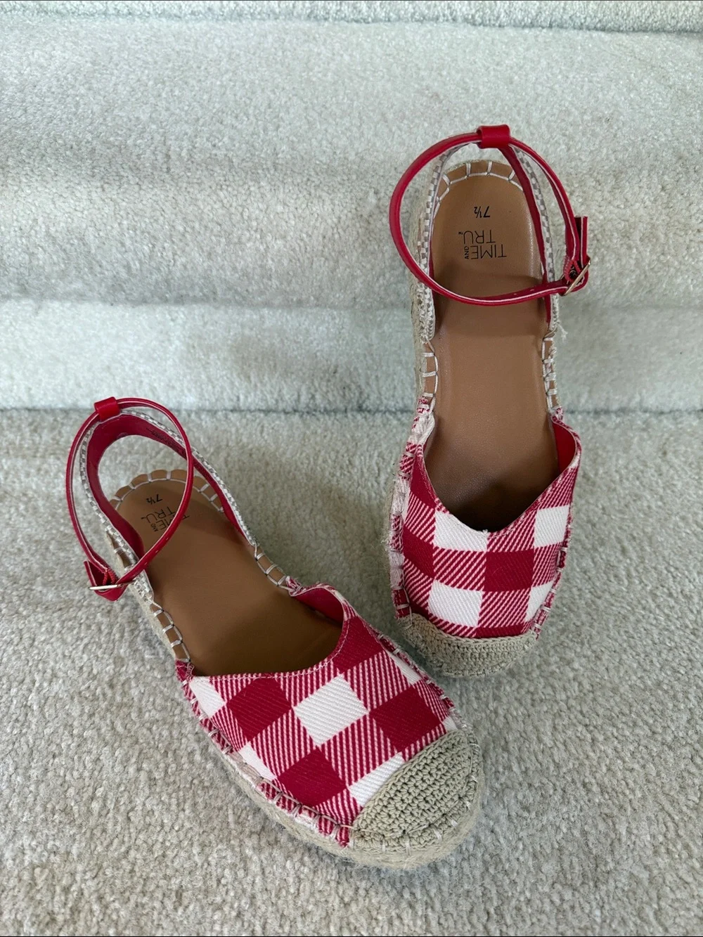 Time and Tru Red and White Gingham Espadrille Sandals with Ankle Strap